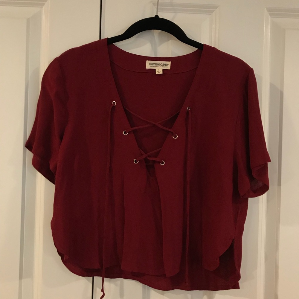 Maroon Lace Up Front T-shirt